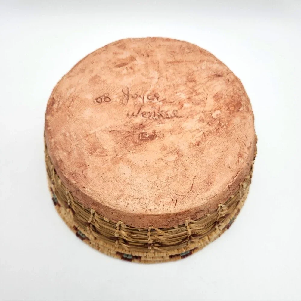 Vtg 2000 Joyce Wenker Handwoven Pine Needle Basket Kachina Clay Base Bowl Signed